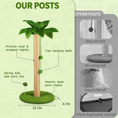 Dohump Cat Scratching Post, 31" Tall Scratch Tree with Premium Sisal Rope, Two Interactive Dangling Balls and Spring Ball Toys for Indoor Kittens and Cats - PAWPICO