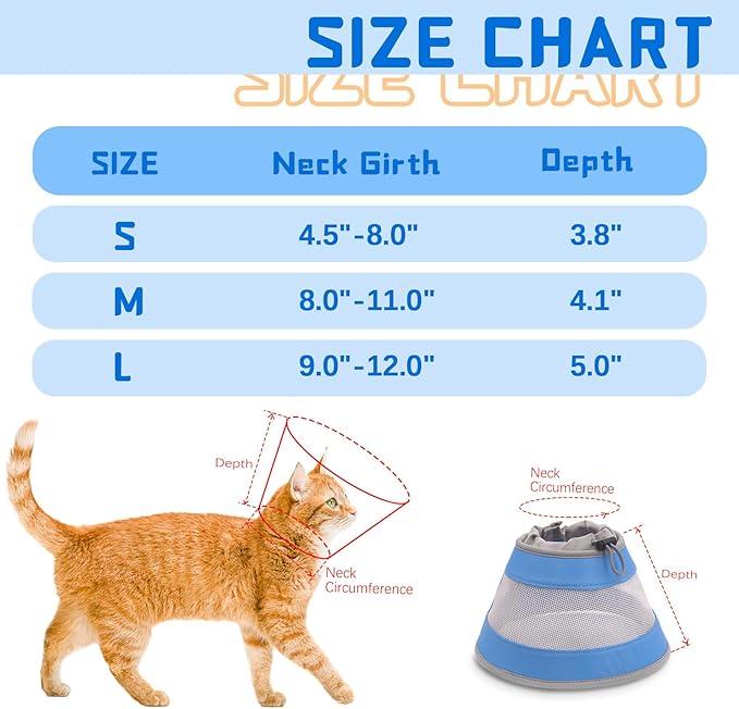 Cat Cone, Breathable Cat Cone Collar Soft, Adjustable Cat Cone to Stop Licking, Water Resistant Neck Cone for Cats with Air Mesh, Protective Cat Recovery E Collar for Cat Kitten（Blue,M-8 GoGoPaw