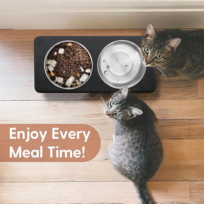 Elevated Cat Bowls, 15° Tilted Raised Cat Food Bowls Wood Pet Bowls with Stand Anti Vomiting 2 Stainless Steel Bowls for Cats and Puppy - PAWPICO