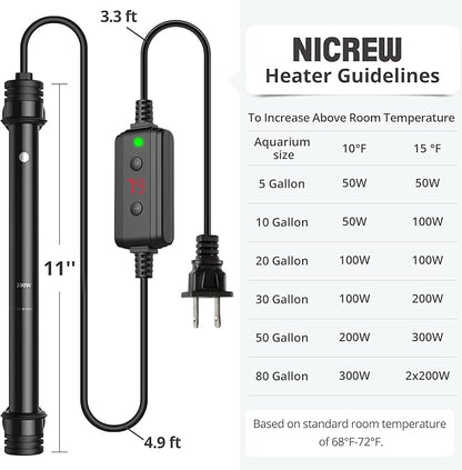 NICREW Aquarium Heater 300W, Temperature Adjustable Fish Tank Heater with Controller for 50-80 Gallon, Overheat Protection NICREW