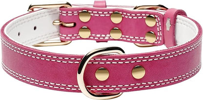 Dog Collar,Genuine Leather Dog Collar,Heavy Duty Dog Collar,Valentines Dog Collar for Small Dog, Medium Dog,Large Dog and Extra Large Dog (M: 1" Wide for 15.2"-19.2" Neck,Dual Stitch - Pink) DAIHAQIKO