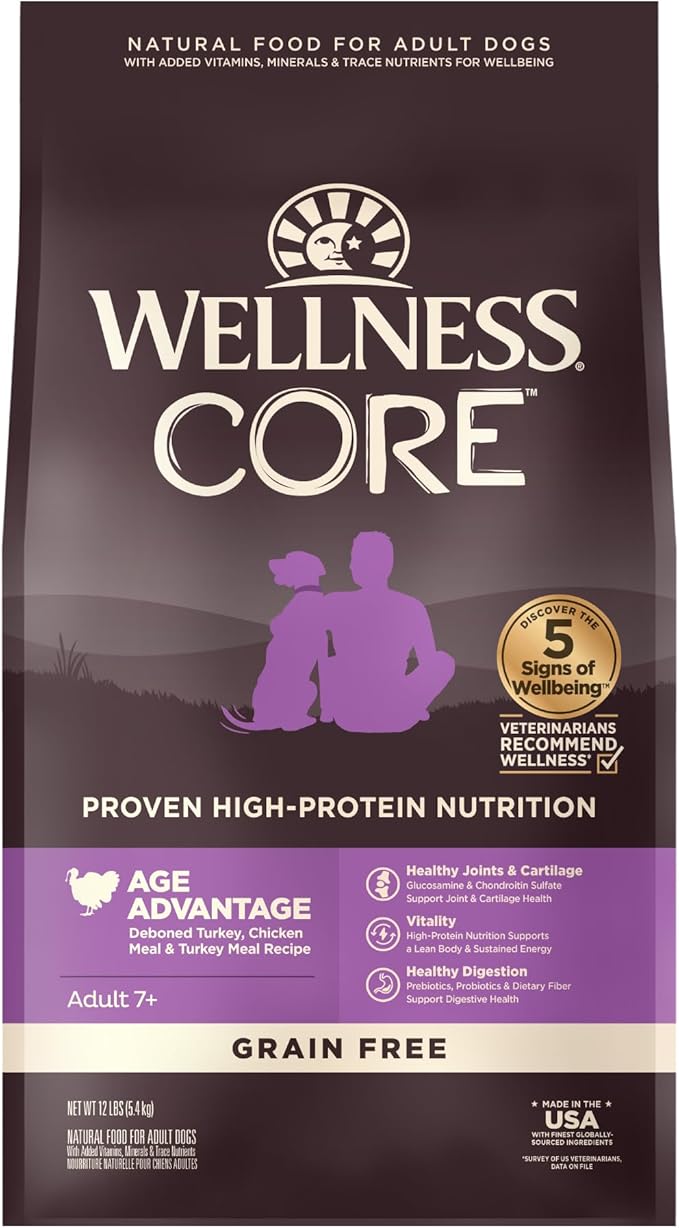 Wellness CORE Grain-Free Senior Dry Dog Food, Made in USA with Natural Ingredients, No Meat by-Product, Fillers, Artificial Flavors, or Preservatives (12-Pound Bag, Turkey) - PAWPICO