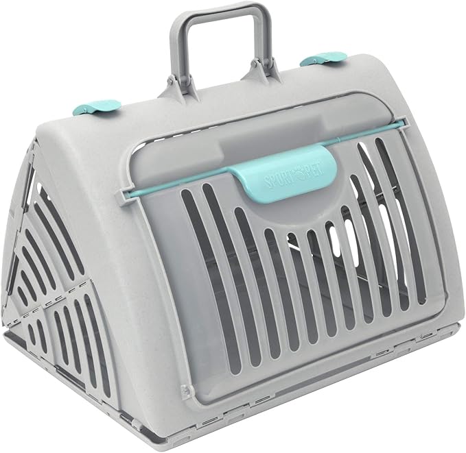 SportPet Designs Sport Pet Foldable Travel Cat Carrier with A Waterproof Bed - Front Door Plastic Collapsible Carrier, Gray (CM-10064-CS01) - PAWPICO