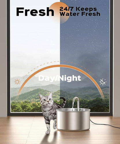 Cat Water Fountain Stainless Steel + 6 Filters + 3 Sponges - Pet Water Fountain 24/7 Keep The Water Fresh 74oz Capacity Ultra-Quiet No Sputter Compact Easy to Clean - PAWPICO