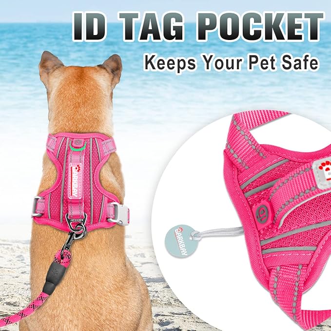 BARKBAY No Pull Dog Harness Large Reflective Dog Harness with Front Clip and Easy Control Handle for Walking Training Running with ID tag Pocket(Pink,XL) BARKBAY