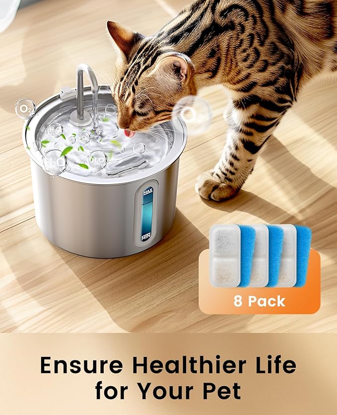 oneisall Cat Water Fountain Filters Replacement, 8 Pack Cat Fountain Filters for 67oz/2L Stainless Steel Cat Fountain Filters, Filters for Cat Water Fountain Easy to Install and Clean - PAWPICO