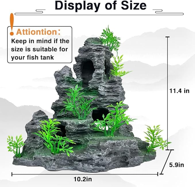 Aquarium Decorations Large and Tall Fish Tank Decor Aquarium Rock Mountain View Aquarium Ornament Tree House Cave Fish Tank Decorations for Large Fish Tank - 10.2 Inches High GOLOMOZ