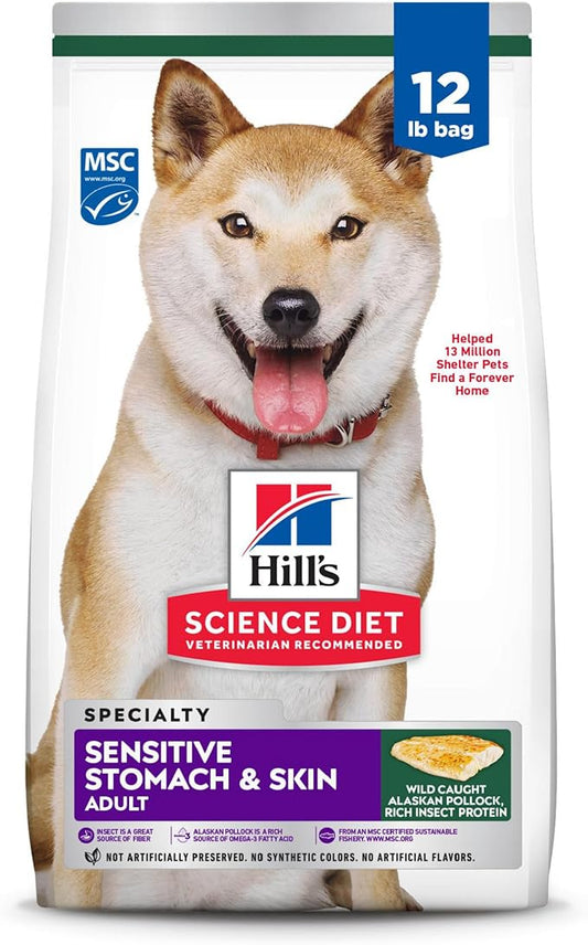 Hill's Science Diet Sensitive Stomach & Skin, Adult 1-6, Stomach & Skin Sensitivity Support, Dry Dog Food, Pollock, Barley, & Insect Recipe, 12 lb Bag - PAWPICO