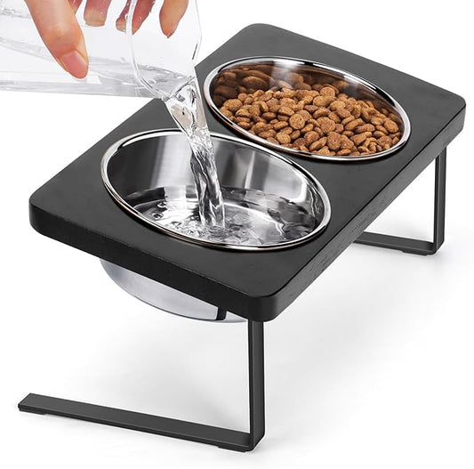 Elevated Cat Bowls, 15° Tilted Raised Cat Food Bowls Wood Pet Bowls with Stand Anti Vomiting 2 Stainless Steel Bowls for Cats and Puppy - PAWPICO