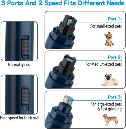 Casfuy Dog Nail Grinder Upgraded - Professional 2-Speed Electric Rechargeable Pet Nail Trimmer Painless Paws Grooming & Smoothing for Small Medium Large Dogs & Cats (Dark Blue) - PAWPICO