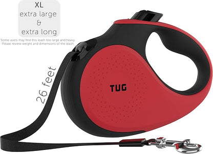 TUG XL 360° Tangle-Free Retractable Dog Leash with Anti-Slip Handle | 26 ft Strong Nylon Tape | One-Handed Brake, Pause, Lock (Extra Large, Red) TUG