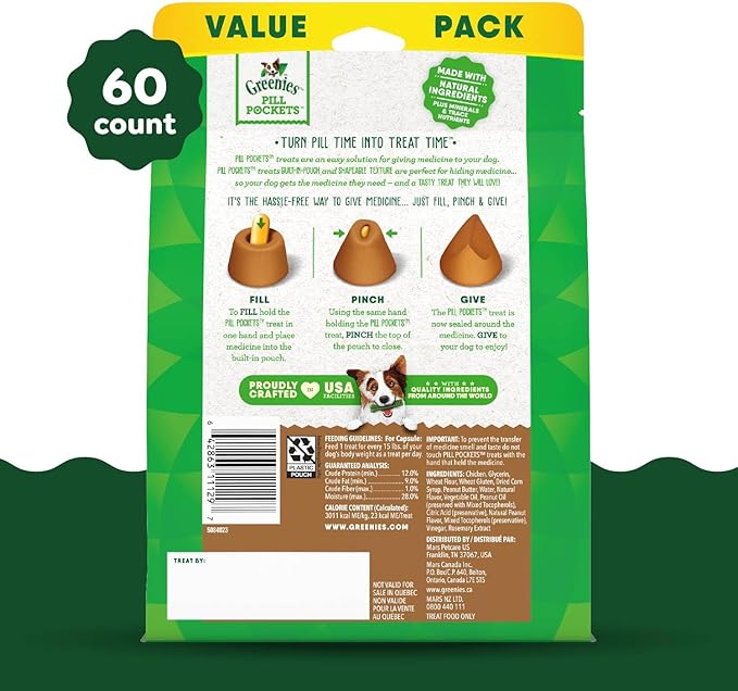 GREENIES PILL POCKETS for Dogs Capsule Size Natural Soft Dog Treats with Real Peanut Butter, 15.8 oz. Pack (60 Treats) - PAWPICO