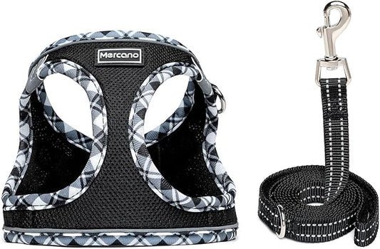 Mercano Soft Mesh Dog Harness and Leash Set, No-Chock Step-in Reflective Breathable Lightweight Easy Walk Escape Proof Vest Harnesses with Safety Buckle for Small Medium Dogs, Cats (Black White, XXS) PAWPICO