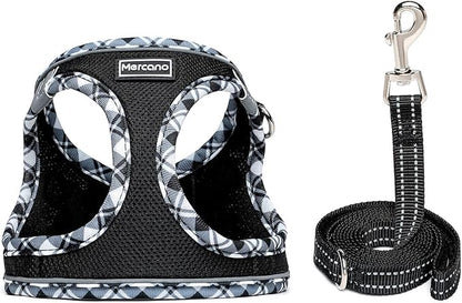Mercano Soft Mesh Dog Harness and Leash Set, No-Chock Step-in Reflective Breathable Lightweight Easy Walk Escape Proof Vest Harnesses with Safety Buckle for Small Medium Dogs, Cats (Black White, L) PAWPICO