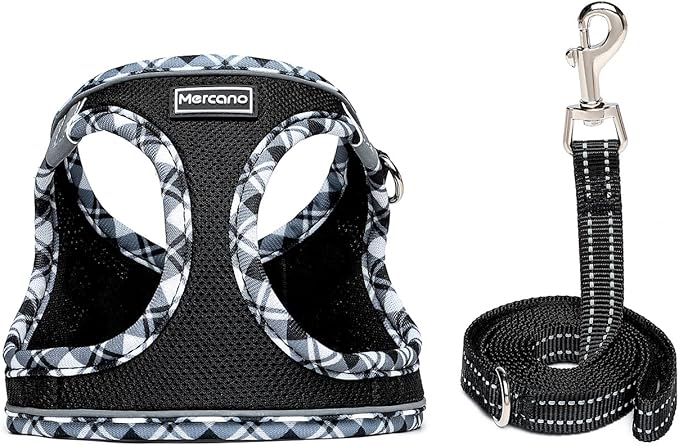 Mercano Soft Mesh Dog Harness and Leash Set, No-Chock Step-in Reflective Breathable Lightweight Easy Walk Escape Proof Vest Harnesses with Safety Buckle for Small Medium Dogs, Cats (Black White, XL) PAWPICO