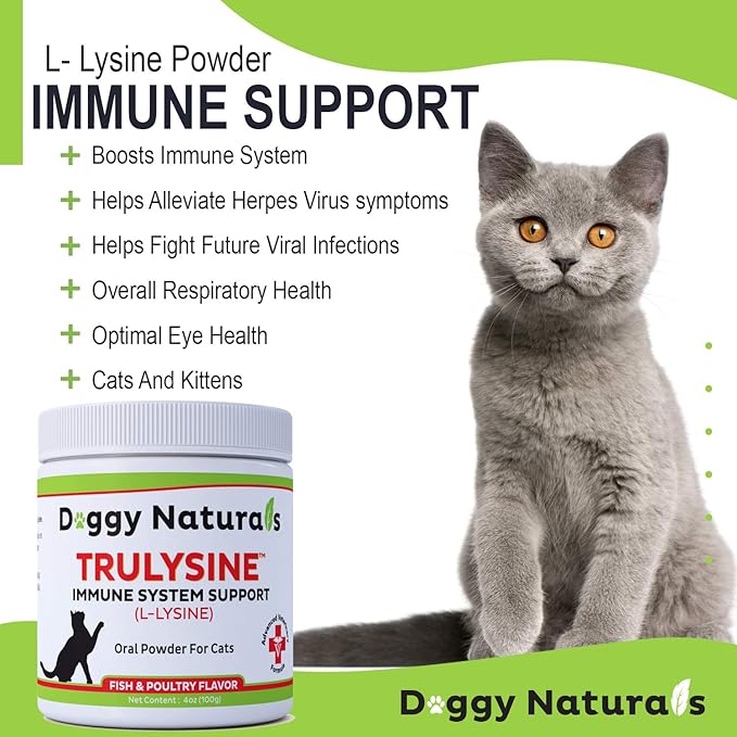 Trulysine L-Lysine for Cats Immune Support Oral Powder 4oz/100g - Cats & Kittens of All Age, Sneezing, Runny Nose Squinting, Watery Eyes - Fish & Poultry Flavor (U.S.A)(100 Grams ( 500mg / Scoop)) Pet+Health+Pharma