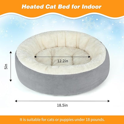 BWOGUE Heated Cat Bed for Indoor Cats,19'' Donut Detachable Heated Pet Bed Thermo-Kitty Heating Bed,Electric Warming Cat Bed Heater with Timer, Washable pet Heating Bed - PAWPICO
