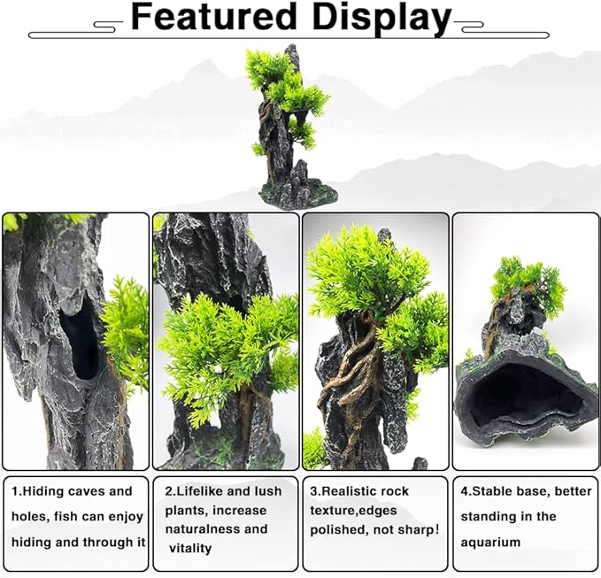 Aquarium Mountain View Stone Ornament Tree Rock Cave - Aquarium Decorations Large and Tall Fish Tank Decorations for Large Fish Tank - 13.4 Inches High GOLOMOZ