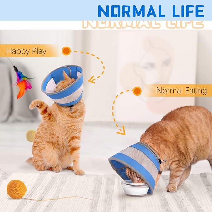 Cat Cone, Breathable Cat Cone Collar Soft, Adjustable Cat Cone to Stop Licking, Water Resistant Neck Cone for Cats with Air Mesh, Protective Cat Recovery E Collar for Cat Kitten（Blue,M-5 GoGoPaw