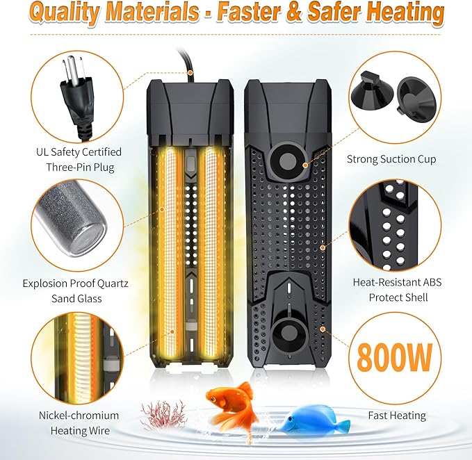 Aquarium Heater 300W/500W/800W/1000W for 20-300 Gal, Fish Tank Heater with Intelligent Leaving Water Automatica Stop Heating and Overheating Protection, for Freshwater & Saltwater MantaMaze