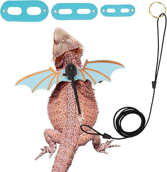 ADOGGYGO Bearded Dragon Harness, Blue, Wing Style, Animal Harness, 3 Size Pack, Soft Leather, Durable Nylon Rope, Removable Leash, Suitable for Baby to Adult Beardies ADOGGYGO