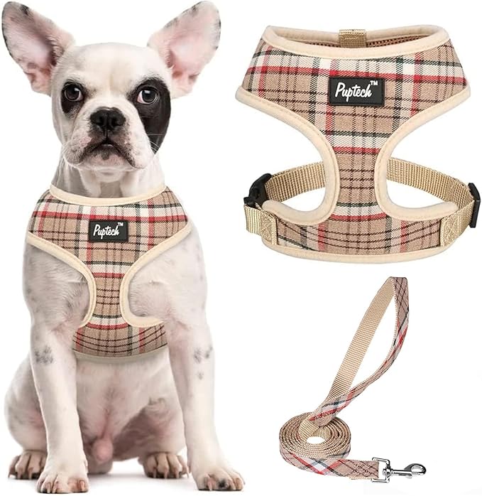 PUPTECK Soft Mesh Dog Harness and Leash Set Pet Puppy Cat Comfort Padded Vest No Pull Harnesses, Khaki, S PUPTECK