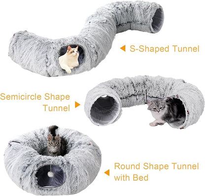 Cat Tunnel Bed for Indoor Cats Donut Cat Tunnel Multifunctional Cat Bed with Peephole Cat Cave Tunnel Bed with Tunnel for Multi Cats(Pink) - PAWPICO
