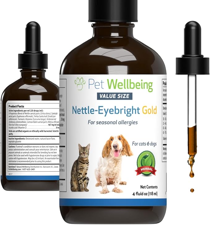 Pet Wellbeing Nettle-Eyebright Gold for Dogs & Cats - Vet-Formulated - Seasonal Sneezing, Itching, Watery Eyes - Natural Herbal Supplement 4 oz (118 ml) PetWellbeing