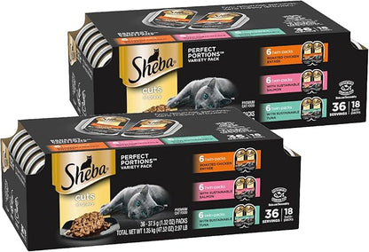 Sheba Perfect Portions Wet Cat Food Cuts in Gravy Variety Pack, Roasted Chicken, With Sustainable Salmon, and With Sustainable Salmon, 2.6 oz., Twin-Pack Trays (18 Count, 36 Servings) (Pack of 2) - PAWPICO