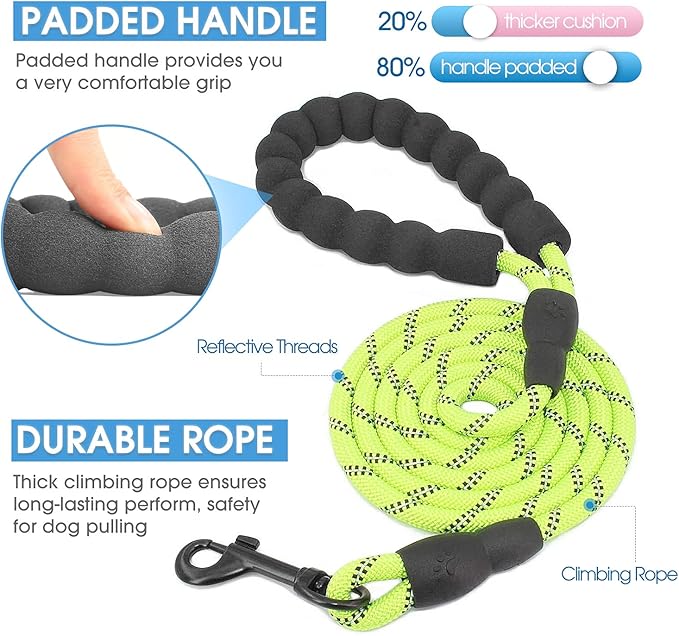 BAAPET 2/4/5/6 FT Dog Leash with Comfortable Padded Handle and Highly Reflective Threads for Small Medium and Large Dogs (5FT-1/3'', Green) BAAPET