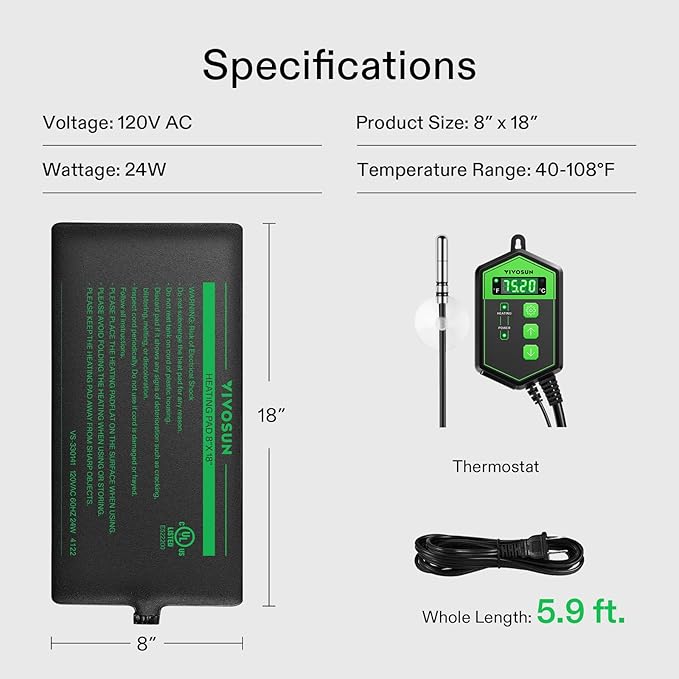 VIVOSUN Reptile Heating Pad 8x18 Inch with Thermostat Combo Under Tank Terrarium Heating Mat for Turtles, Lizards, Frogs, and Other Reptiles VIVOSUN