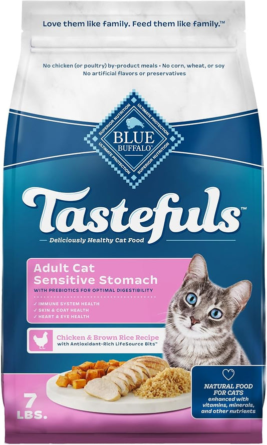 Blue Buffalo Tastefuls Adult Dry Cat Food Sensitive Stomach Formula, Made in the USA with Natural Ingredients, Chicken Recipe, 7-lb. Bag - PAWPICO
