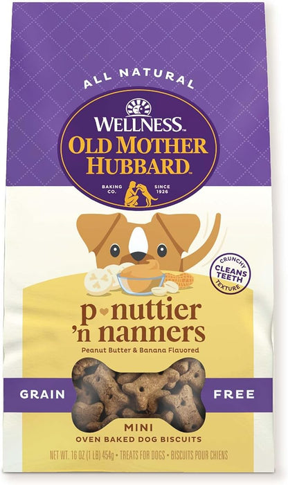 Old Mother Hubbard by Wellness Classic P-Nuttier 'N Nanners Grain Free Natural Dog Treats, Crunchy Oven-Baked Biscuits, Ideal for Training, Mini-Size, 16 ounce bag - PAWPICO