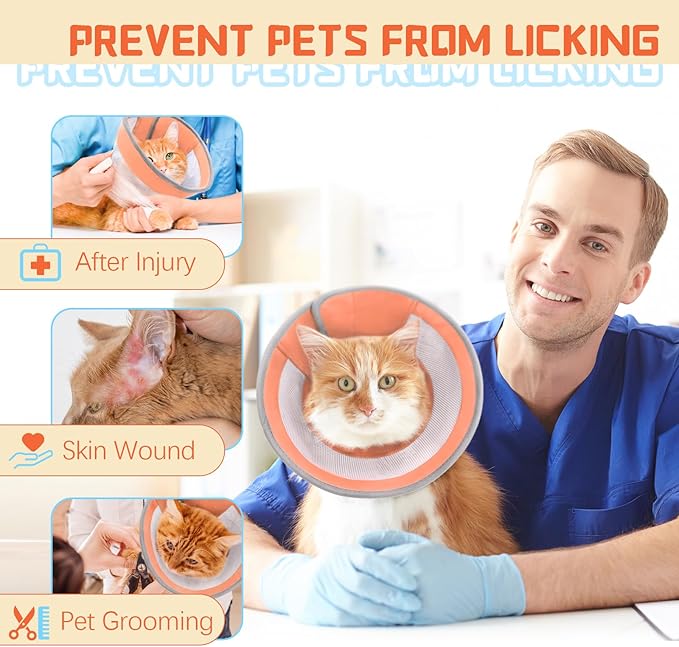 Cat Cone, Breathable Cat Cone Collar Soft, Adjustable Cat Cone to Stop Licking, Water Resistant Neck Cone for Cats with Air Mesh, Protective Cat Recovery E Collar for Cat Kitten（Orange, M-3 GoGoPaw