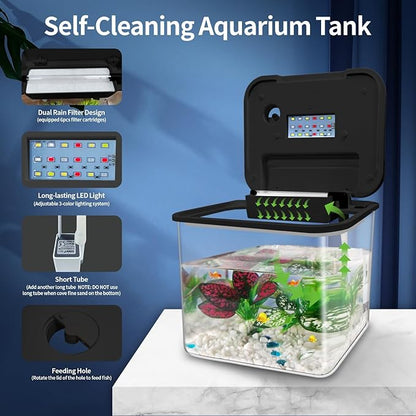 Small Fish Tank Kit 1.8 Gallon, Aquarium Starter Kit with Super-Quiet Water Pump, Dual Rain Filtration, Self Cleaning Function, Shatter-Resistant & Leak-Proof Base (Black) Moonorange