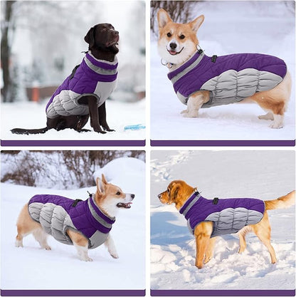 FUAMEY Dog Coat,Warm Dog Jacket Winter Coat Paded Dog Fleece Vest Reflective Dog Cold Weather Coats with Built in Harness Waterproof Windproof Dog Snow Jacket Clothes with Zipper Purple X-Large - PAWPICO