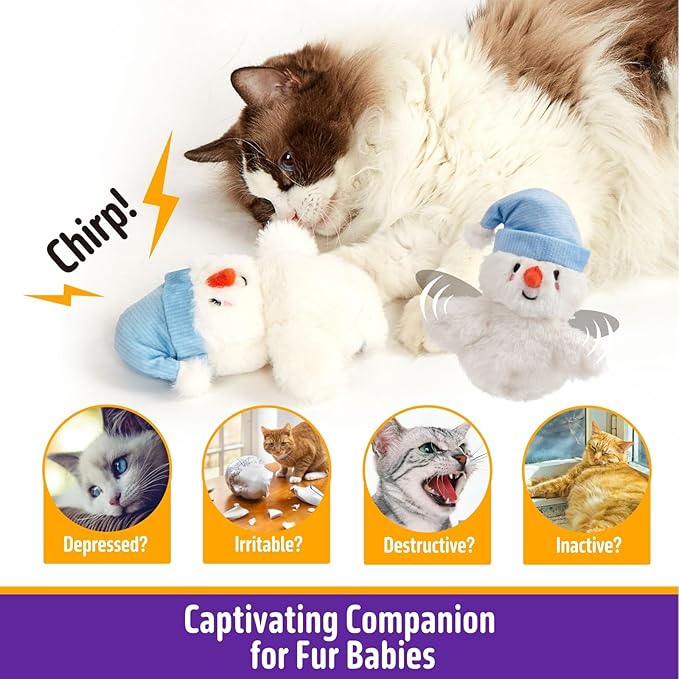 Interactive Christmas Cat Toys, Flapping Snowman Cat Toys, Lifelike Bird Chirp, USB Rechargeable Catnip Toy for Bored Indoor Cats Chase Exercise, 3 Modes - PAWPICO