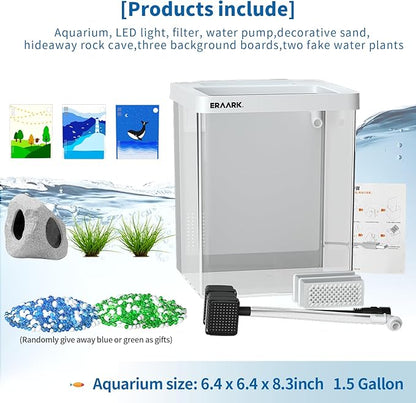 Aquarium kit 1.5 Gallon Betta Fish Tank self Cleaning, Fish Tank with Filter LED Light, Decorations Hideaway Rock Cave, Water Pump,Fish Bowl ERAARK