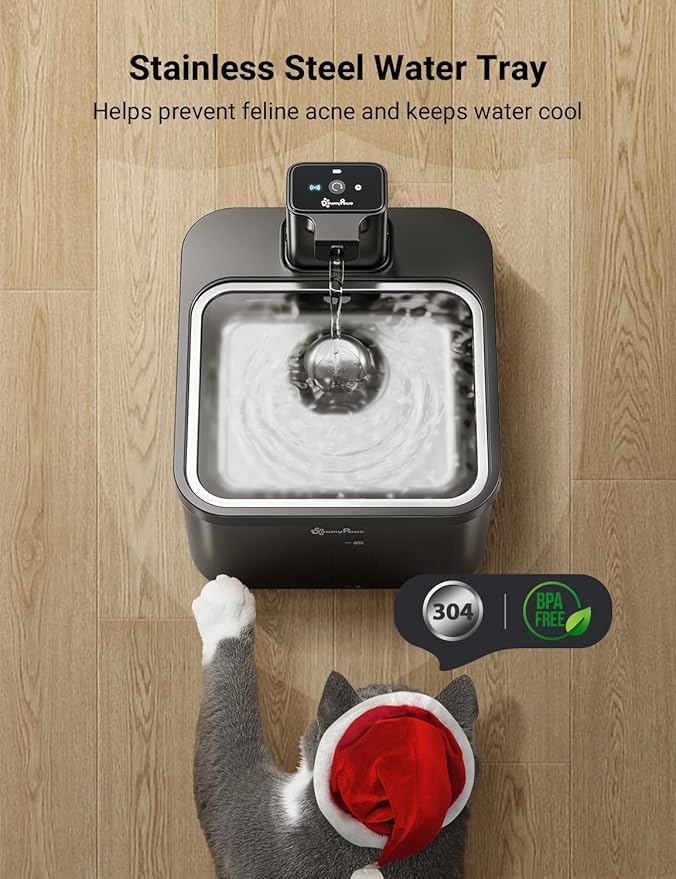 DownyPaws Battery Operated Cat Water Fountain Stainless Steel, 84oz/2.5L Fursink Wireless Pet Water Fountain for Cats Inside, Automatic Cat Waterer Fountain with Faucet, Quiet Pump, BPA-Free, Black - PAWPICO
