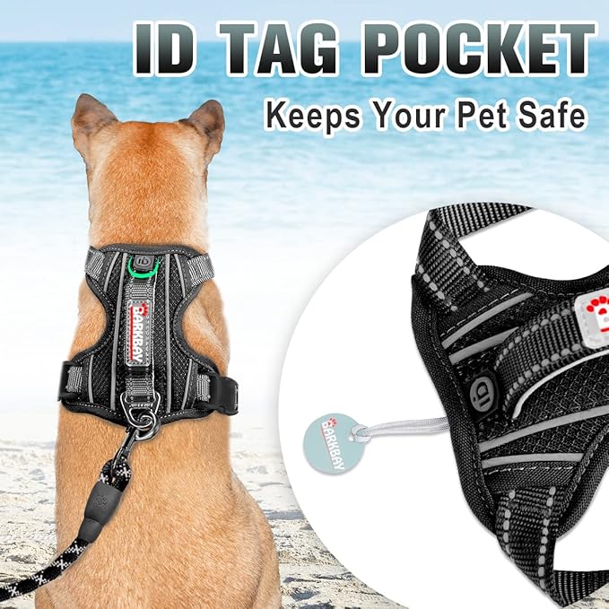 BARKBAY No Pull Dog Harness Large Reflective Dog Harness with Front Clip and Easy Control Handle for Walking Training Running with ID tag Pocket(Black,L) BARKBAY