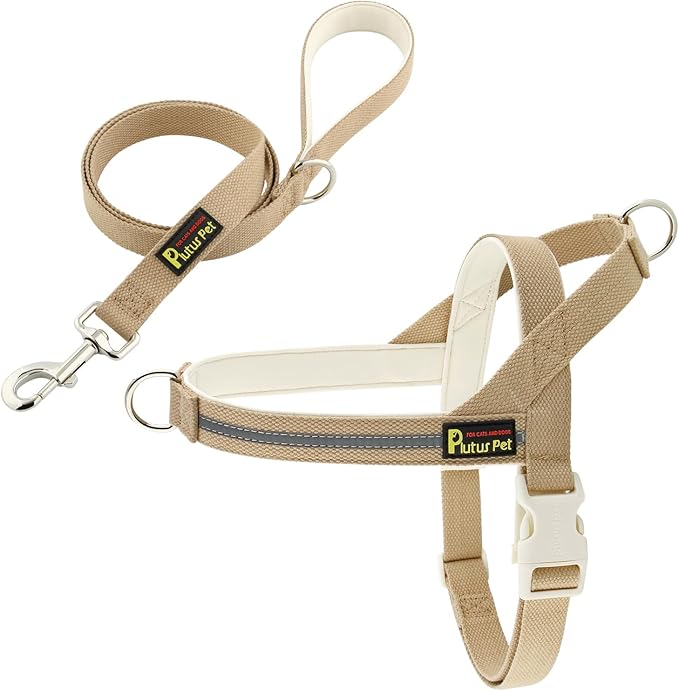 Plutus Pet Cotton Dog Harness and Leash Set, Reflective and Soft Padded, Quick Fit Vest Harness, for Small, Medium and Large Dogs, Beige, XS PLUTUSPET