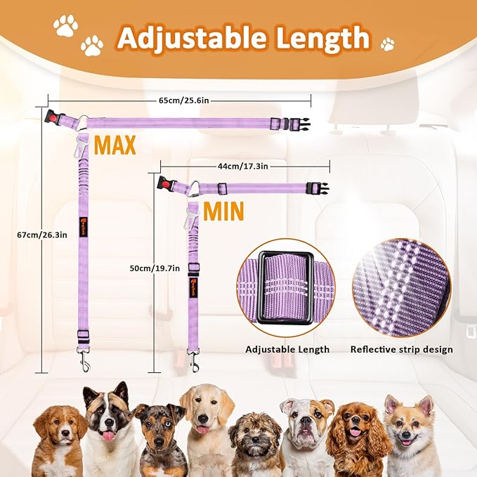 Removable Dog Seat Belt Harness for Car, 3 in 1 Pet Dog Car Seatbelt Leash, Retractable Restraint Secures to Vehicle Headrest & Adjustable Reflective Bungee Dog Seatbelt Tether, Purple and Black laqibakProductcollection