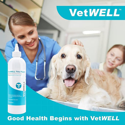 VetWELL Dog Ear Cleaner Solution & Infection Treatment for Dogs & Cats, Tris Otic Cleanser Drops Helps Eliminate Odor and Relieve Infections - 12oz VetWELL