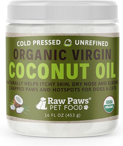 Raw Paws Virgin Organic Coconut Oil for Dogs & Cats, 16-oz - Treatment for Itchy Skin, Dry Nose, Paws - Hot Spot Lotion for Dogs - Natural Hairball Remedy for Dogs Raw+Paws+Pet+Food