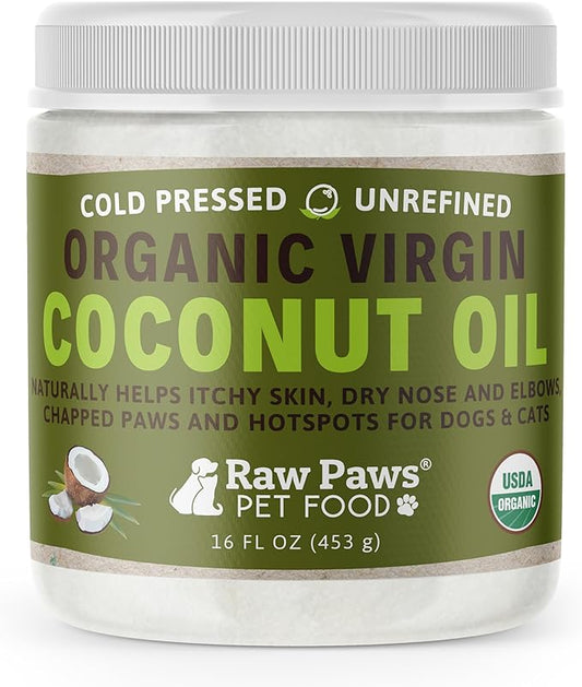 Raw Paws Virgin Organic Coconut Oil for Dogs & Cats, 16-oz - Treatment for Itchy Skin, Dry Nose, Paws - Hot Spot Lotion for Dogs - Natural Hairball Remedy for Dogs Raw+Paws+Pet+Food