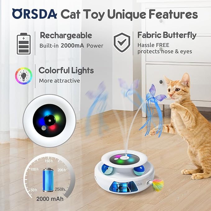 ORSDA Cat Toy, 3-in-1 Automatic Cat Toys for Indoor Cats, Electronic Whack a Mole, Fluttering Butterfly,Track Balls Kitten Toy, Rechargeable Power Interactive Feather Toys for All Breeds - PAWPICO