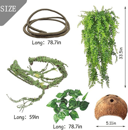 Tfwadmx Crested Gecko Tank Accessories 5Pcs Reptile Vines Plants Flexible Jungle Climbing Vine Gecko Coconut Coco Shell Hut Terrarium Plastic Plant Habitat Decor for Snake,Lizard,Hermit Crab Tfwadmx