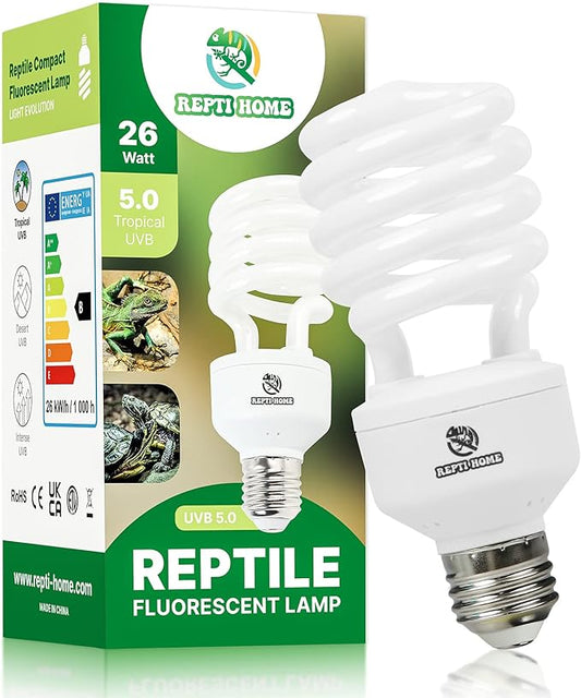 UVB Reptile Light 5.0, 26W Tropical and Sub-Tropical UVA UVB Bulb for Reptiles, Tropical Terrarium Compact Fluorescent Lamp, Reptile UVB Light Bulb for Chameleons, Iguanas, and Turtles REPTIHOME