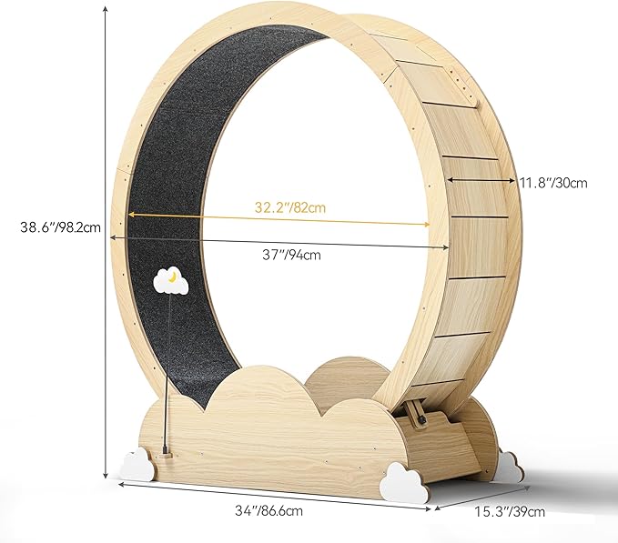 DWVO 37in Cat Exercise Wheel for Indoor Cats with Locking Mechanism, Natural Solid Wood Sturdy Cat Treadmill Wheel with Detachable Carpet, Suitable for Most Cats - PAWPICO