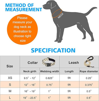 Reflective Dog Collar Padded with Soft Neoprene Breathable Adjustable Nylon Dog Collars for Small Medium Large Dogs (Small (Pack of 1), Vanilla Plaid Collar+Leash) ladoogo